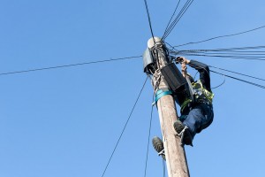 Man installiung telephone and broadnband cables on a telgraph pole.